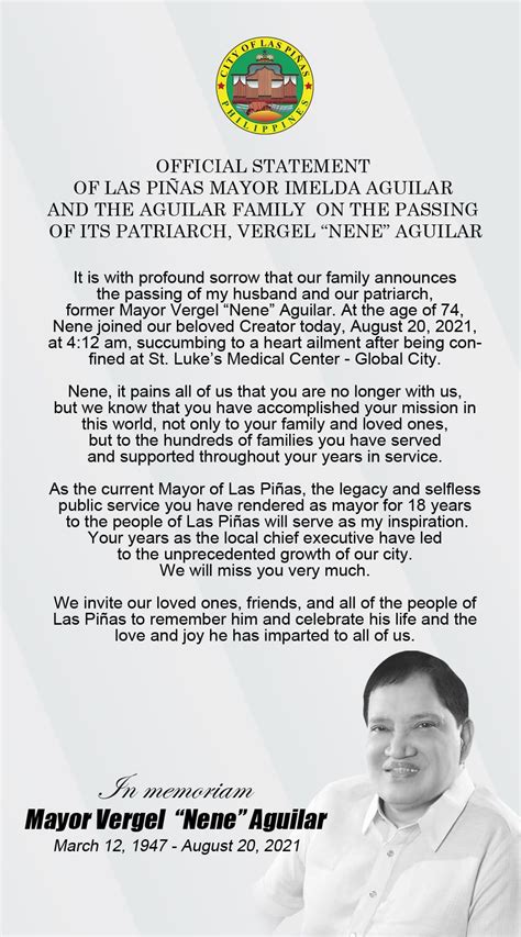 vergel aguilar|Former Las Piñas mayor Nene Aguilar dies at 74 .